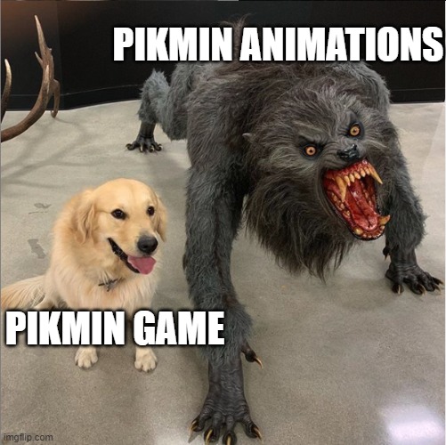 Pikmin stuff | PIKMIN ANIMATIONS; PIKMIN GAME | image tagged in dog vs werewolf | made w/ Imgflip meme maker