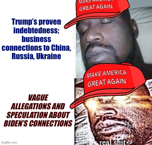 please tell us more about Presidential conflicts of interest | Trump’s proven indebtedness; business connections to China, Russia, Ukraine; VAGUE ALLEGATIONS AND SPECULATION ABOUT BIDEN’S CONNECTIONS | image tagged in maga shaq i sleep real shit,conservative hypocrisy,biden,china,russia,ukraine | made w/ Imgflip meme maker