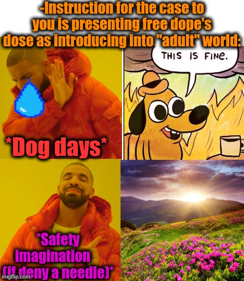 -Rare but catching victim. | -Instruction for the case to you is presenting free dope's dose as introducing into "adult" world:; *Dog days*; *Safety imagination     (if deny a needle)* | image tagged in memes,drake hotline bling,heroin,theneedledrop,denied,christmas presents | made w/ Imgflip meme maker