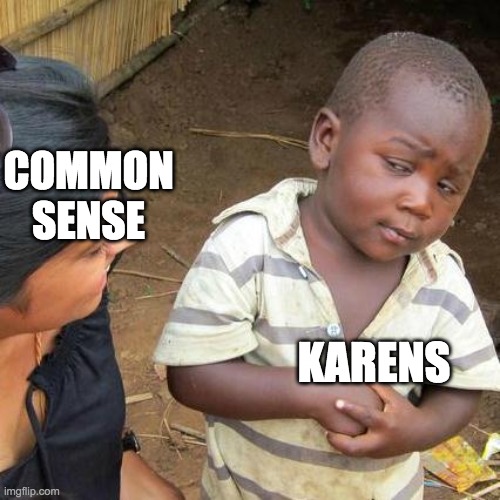 Third World Skeptical Kid | COMMON SENSE; KARENS | image tagged in memes,third world skeptical kid | made w/ Imgflip meme maker