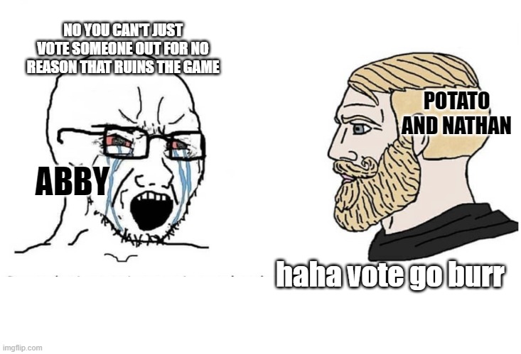 Among Us With Crackheads | NO YOU CAN'T JUST VOTE SOMEONE OUT FOR NO REASON THAT RUINS THE GAME; POTATO AND NATHAN; ABBY; haha vote go burr | image tagged in soyboy vs yes chad | made w/ Imgflip meme maker