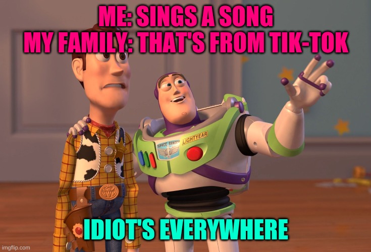 X, X Everywhere | ME: SINGS A SONG
MY FAMILY: THAT'S FROM TIK-TOK; IDIOT'S EVERYWHERE | image tagged in memes,x x everywhere | made w/ Imgflip meme maker