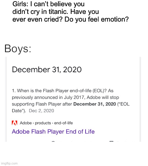 Adobe Flash Player Shutdown | Girls: I can’t believe you didn’t cry in titanic. Have you ever even cried? Do you feel emotion? Boys: | image tagged in blank white template | made w/ Imgflip meme maker