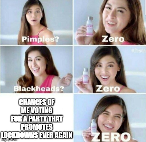 Lockdown Reality |  CHANCES OF ME VOTING FOR A PARTY THAT PROMOTES LOCKDOWNS EVER AGAIN | image tagged in pimples zero,covid-19,lockdown,coronavirus | made w/ Imgflip meme maker