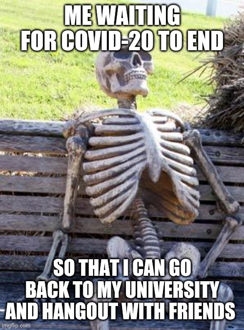 Waiting skeleton | ME WAITING FOR COVID-20 TO END; SO THAT I CAN GO BACK TO MY UNIVERSITY AND HANGOUT WITH FRIENDS | image tagged in memes,waiting skeleton | made w/ Imgflip meme maker