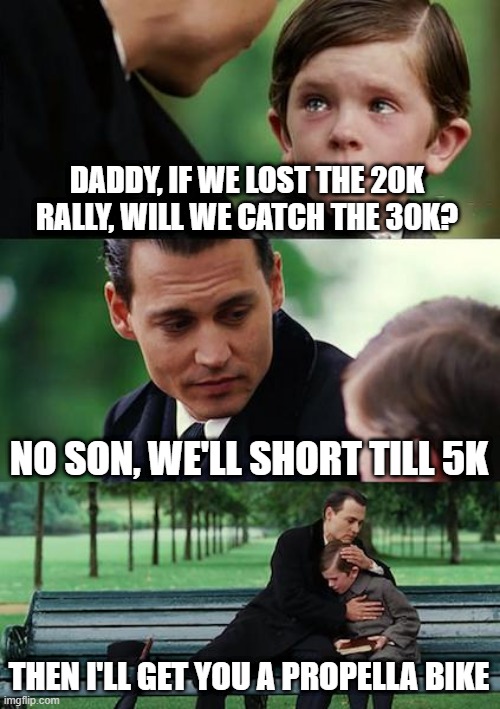 Bitcoin Rally | DADDY, IF WE LOST THE 20K RALLY, WILL WE CATCH THE 30K? NO SON, WE'LL SHORT TILL 5K; THEN I'LL GET YOU A PROPELLA BIKE | image tagged in memes,finding neverland,bitcoin | made w/ Imgflip meme maker