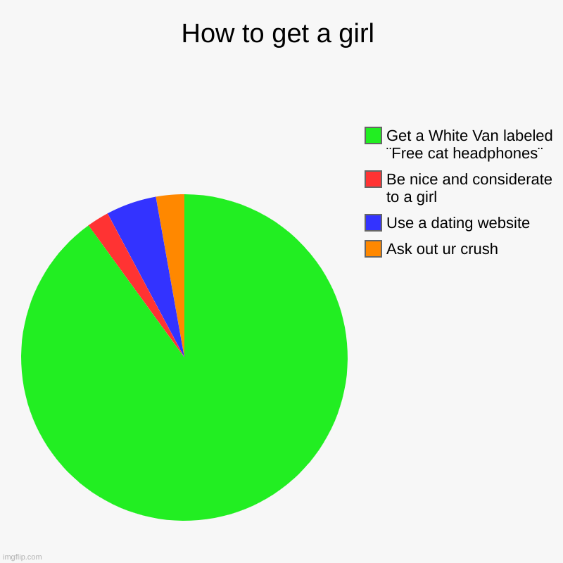 How to get a girl | Ask out ur crush, Use a dating website, Be nice and considerate to a girl, Get a White Van labeled ¨Free cat headphones¨ | image tagged in charts,pie charts,funny,memes,dark humor,girlfriend | made w/ Imgflip chart maker