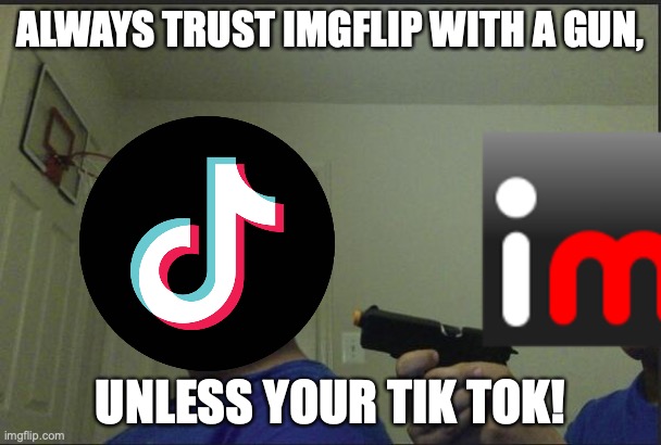 yes | ALWAYS TRUST IMGFLIP WITH A GUN, UNLESS YOUR TIK TOK! | image tagged in trust nobody not even yourself | made w/ Imgflip meme maker