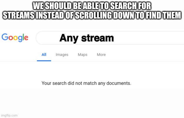 This would be good | WE SHOULD BE ABLE TO SEARCH FOR STREAMS INSTEAD OF SCROLLING DOWN TO FIND THEM; Any stream | image tagged in google no results | made w/ Imgflip meme maker