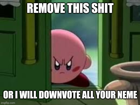 Pissed off Kirby | REMOVE THIS SHIT OR I WILL DOWNVOTE ALL YOUR NEME | image tagged in pissed off kirby | made w/ Imgflip meme maker