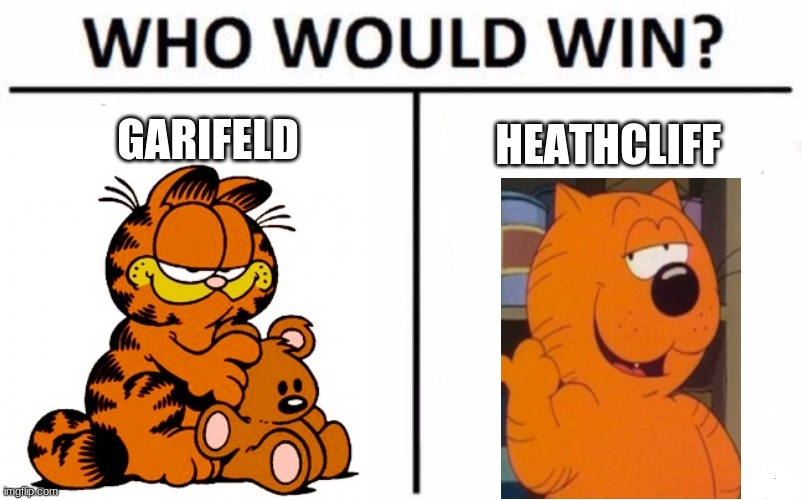 who do you think will win | GARIFELD; HEATHCLIFF | image tagged in garfield,vs | made w/ Imgflip meme maker
