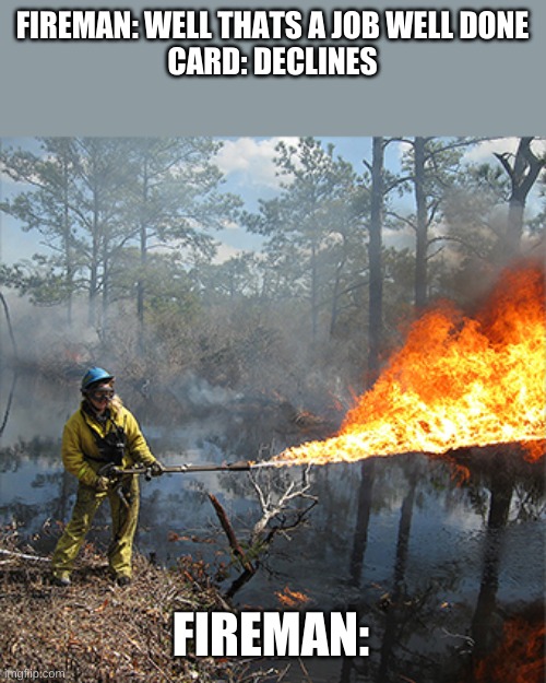 Welp | FIREMAN: WELL THATS A JOB WELL DONE

CARD: DECLINES; FIREMAN: | image tagged in stop reading the tags | made w/ Imgflip meme maker