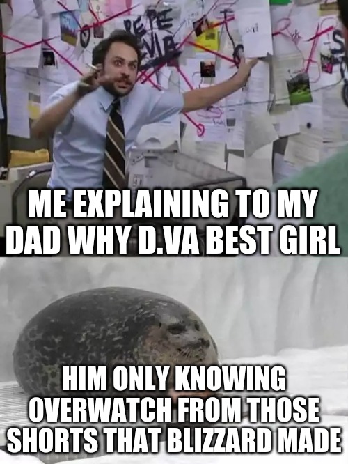 d.va best girl | ME EXPLAINING TO MY DAD WHY D.VA BEST GIRL; HIM ONLY KNOWING OVERWATCH FROM THOSE SHORTS THAT BLIZZARD MADE | image tagged in man explaining to seal | made w/ Imgflip meme maker