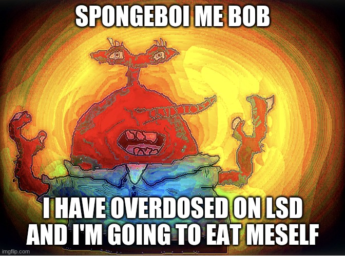 SPONGEBOI ME BOB | SPONGEBOI ME BOB; I HAVE OVERDOSED ON LSD AND I'M GOING TO EAT MESELF | image tagged in spongeboi me bob | made w/ Imgflip meme maker