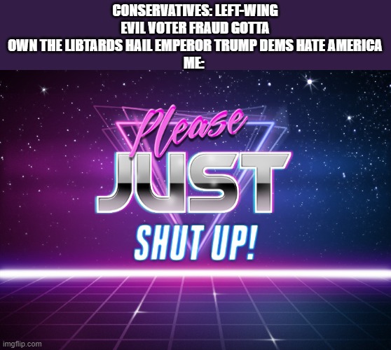 Please Just Shut Up! | CONSERVATIVES: LEFT-WING EVIL VOTER FRAUD GOTTA OWN THE LIBTARDS HAIL EMPEROR TRUMP DEMS HATE AMERICA
ME: | image tagged in please just shut up | made w/ Imgflip meme maker