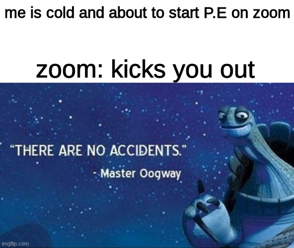 there are no accidents | me is cold and about to start P.E on zoom; zoom: kicks you out | image tagged in memes,december,zoom | made w/ Imgflip meme maker