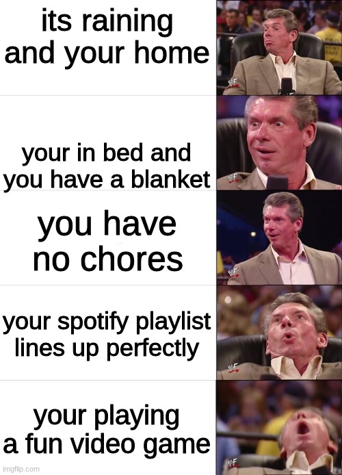 this is me | its raining and your home; your in bed and you have a blanket; you have no chores; your spotify playlist lines up perfectly; your playing a fun video game | image tagged in vince mcmahon reaction,gaming,rain,spotify,memes | made w/ Imgflip meme maker