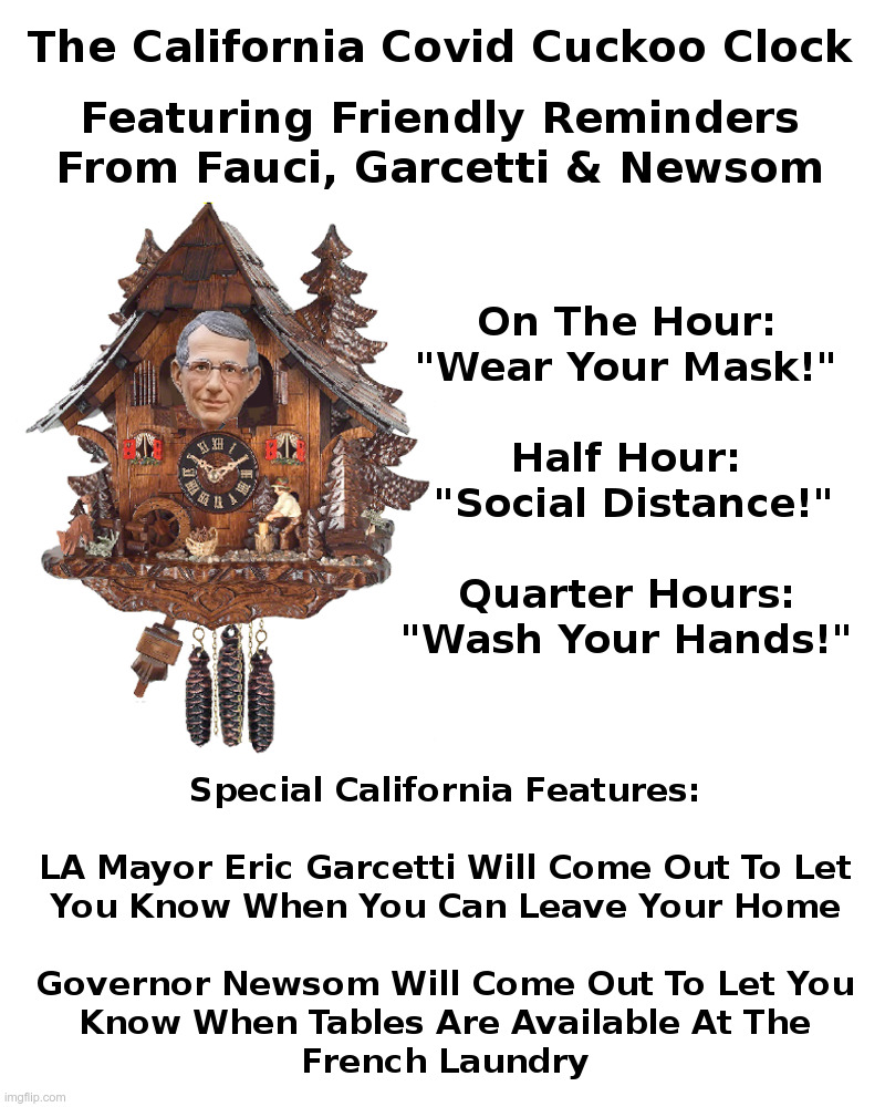 The California Covid Cuckoo Clock | image tagged in california,covid,cuckoo,clock,fauci,democrats | made w/ Imgflip meme maker