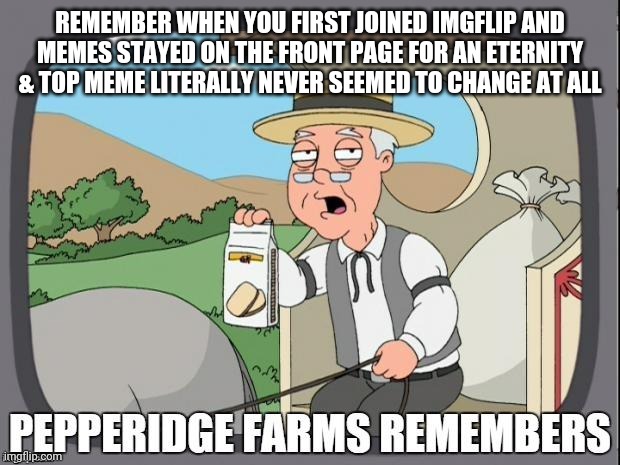 PEPPERIDGE FARMS REMEMBERS | REMEMBER WHEN YOU FIRST JOINED IMGFLIP AND
 MEMES STAYED ON THE FRONT PAGE FOR AN ETERNITY 
& TOP MEME LITERALLY NEVER SEEMED TO CHANGE AT ALL | image tagged in pepperidge farms remembers | made w/ Imgflip meme maker