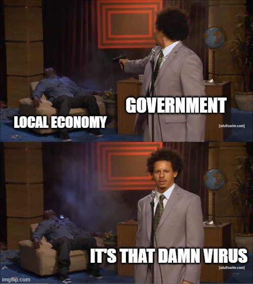 Who Killed Hannibal | GOVERNMENT; LOCAL ECONOMY; IT'S THAT DAMN VIRUS | image tagged in memes,who killed hannibal | made w/ Imgflip meme maker