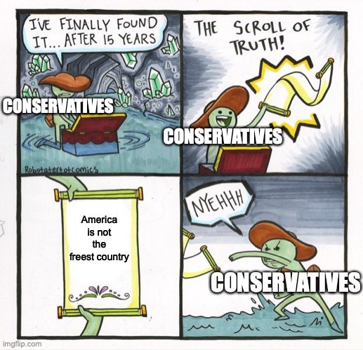 The Scroll Of Truth Meme | CONSERVATIVES; CONSERVATIVES; America is not the freest country; CONSERVATIVES | image tagged in memes,the scroll of truth | made w/ Imgflip meme maker