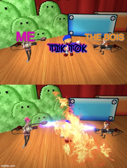 be gone | ME; THE BOIS; TIK TOK; TIK TOK | image tagged in smg4 flamethrower,tik tok sucks | made w/ Imgflip meme maker