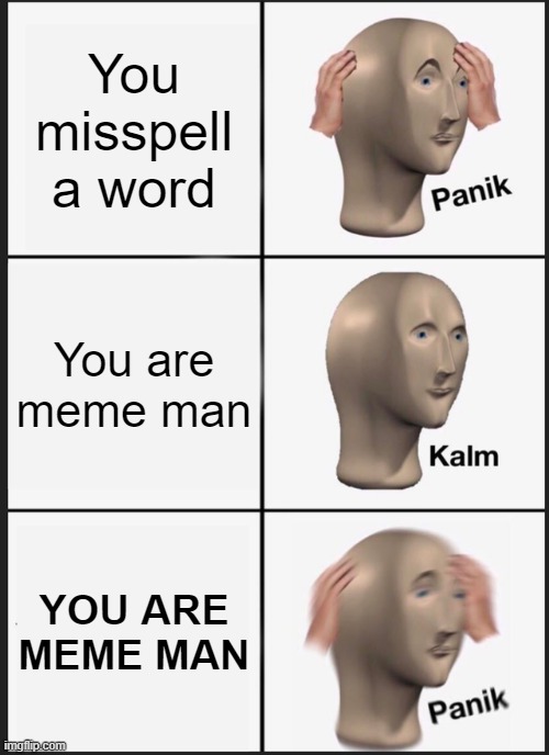 Something | You misspell a word; You are meme man; YOU ARE MEME MAN | image tagged in memes,panik kalm panik | made w/ Imgflip meme maker