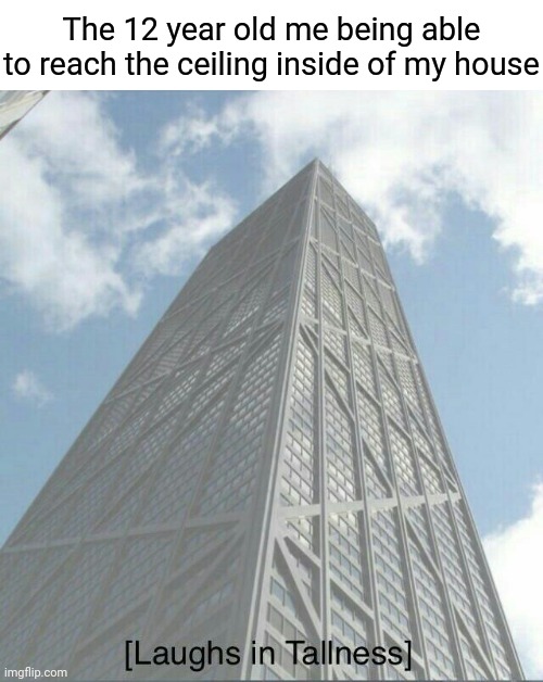 Reaching the ceiling | The 12 year old me being able to reach the ceiling inside of my house | image tagged in laughs in tallness,blank white template,memes,meme,funny,ceiling | made w/ Imgflip meme maker