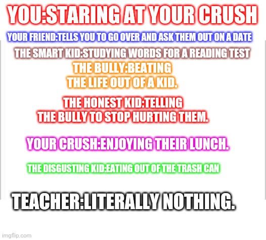Not Relatable | YOU:STARING AT YOUR CRUSH; YOUR FRIEND:TELLS YOU TO GO OVER AND ASK THEM OUT ON A DATE; THE SMART KID:STUDYING WORDS FOR A READING TEST; THE BULLY:BEATING THE LIFE OUT OF A KID. THE HONEST KID:TELLING THE BULLY TO STOP HURTING THEM. YOUR CRUSH:ENJOYING THEIR LUNCH. THE DISGUSTING KID:EATING OUT OF THE TRASH CAN; TEACHER:LITERALLY NOTHING. | image tagged in school | made w/ Imgflip meme maker