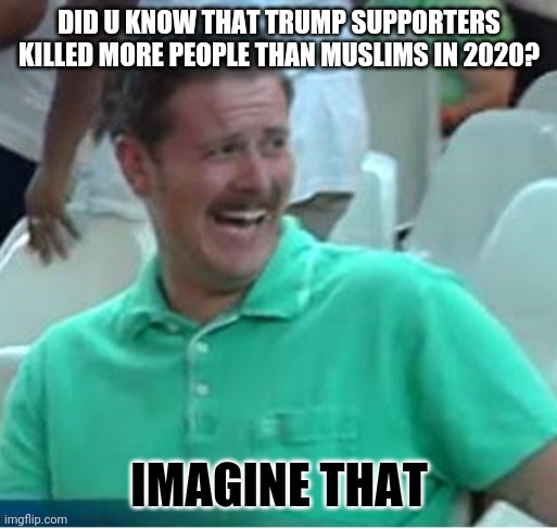 Green shirt guy laughing about Trump supporters | DID U KNOW THAT TRUMP SUPPORTERS KILLED MORE PEOPLE THAN MUSLIMS IN 2020? IMAGINE THAT | image tagged in green shirt guy laughing about trump supporters | made w/ Imgflip meme maker