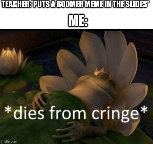 help | TEACHER:*PUTS A BOOMER MEME IN THE SLIDES*; ME: | image tagged in dies from cringe | made w/ Imgflip meme maker