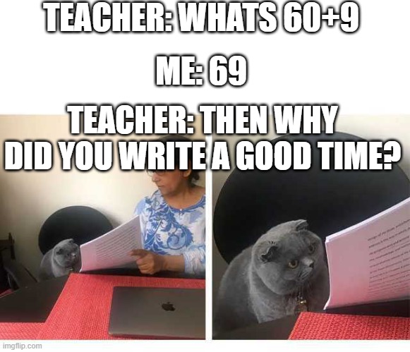 cat surprised test | TEACHER: WHATS 60+9; ME: 69; TEACHER: THEN WHY DID YOU WRITE A GOOD TIME? | image tagged in cat surprised test | made w/ Imgflip meme maker