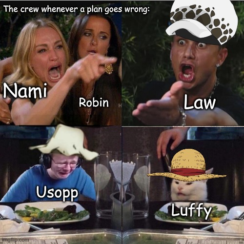 Four panel Taylor Armstrong Pauly D CallmeCarson Cat | The crew whenever a plan goes wrong:; Nami; Robin; Law; Usopp; Luffy | image tagged in four panel taylor armstrong pauly d callmecarson cat | made w/ Imgflip meme maker
