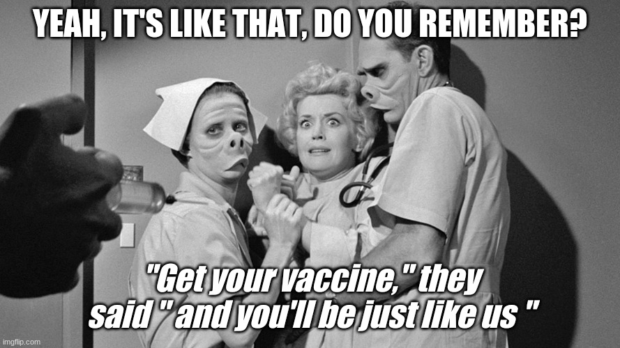 YEAH, IT'S LIKE THAT, DO YOU REMEMBER? "Get your vaccine," they said " and you'll be just like us " | image tagged in vaccines | made w/ Imgflip meme maker