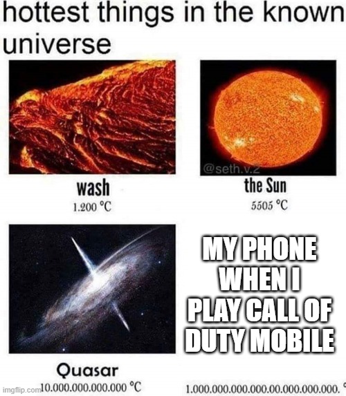 so hot | MY PHONE WHEN I PLAY CALL OF DUTY MOBILE | image tagged in hottest things in the known universe | made w/ Imgflip meme maker