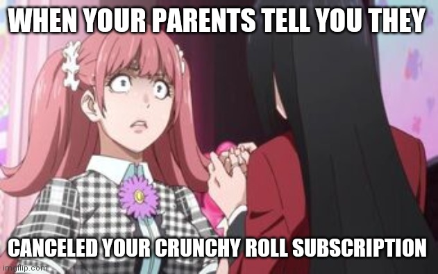 Anime | WHEN YOUR PARENTS TELL YOU THEY; CANCELED YOUR CRUNCHY ROLL SUBSCRIPTION | image tagged in anime,animeme | made w/ Imgflip meme maker
