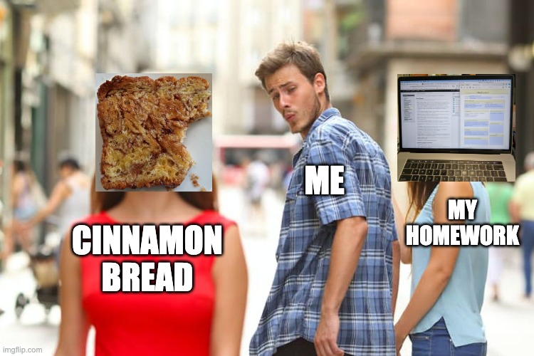 Cinnamon Bread vs Homework | ME; MY HOMEWORK; CINNAMON
BREAD | image tagged in memes,distracted boyfriend,cinnamon bread,homework | made w/ Imgflip meme maker
