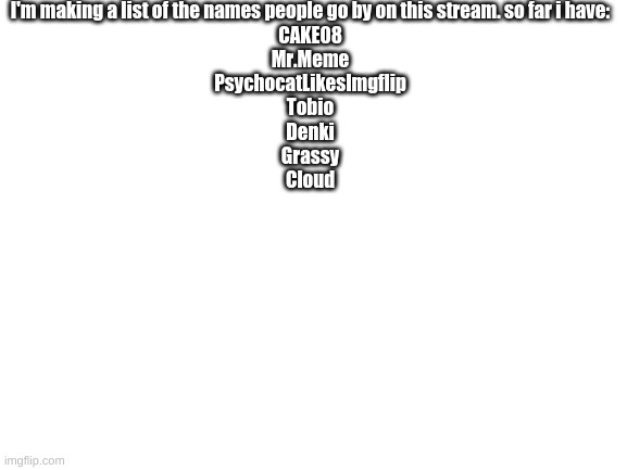 Blank White Template | I'm making a list of the names people go by on this stream. so far i have:
CAKE08
Mr.Meme
PsychocatLikesImgflip
Tobio
Denki
Grassy
Cloud | image tagged in blank white template | made w/ Imgflip meme maker