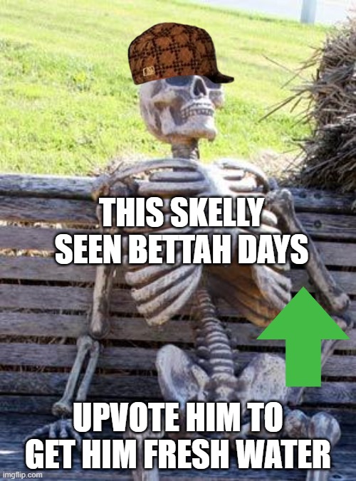 Waiting Skeleton Meme | THIS SKELLY SEEN BETTAH DAYS; UPVOTE HIM TO GET HIM FRESH WATER | image tagged in memes,waiting skeleton | made w/ Imgflip meme maker