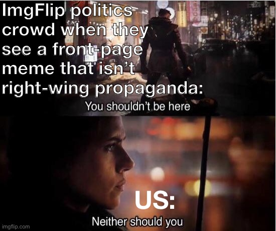 You shouldn't be here, Neither should you | ImgFlip politics crowd when they see a front-page meme that isn’t right-wing propaganda:; US: | image tagged in you shouldn't be here neither should you | made w/ Imgflip meme maker