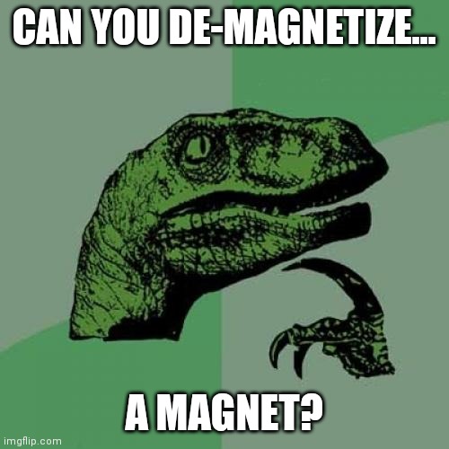 Questions that have plagued mankind... | CAN YOU DE-MAGNETIZE... A MAGNET? | image tagged in memes,philosoraptor,dummy | made w/ Imgflip meme maker