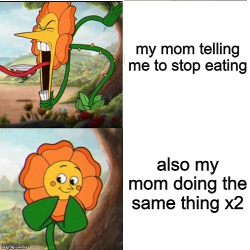 You should respect your mothers | my mom telling me to stop eating; also my mom doing the same thing x2 | image tagged in yelling flower | made w/ Imgflip meme maker