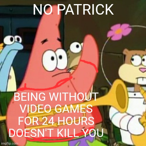 Meme x | NO PATRICK; BEING WITHOUT VIDEO GAMES FOR 24 HOURS DOESN'T KILL YOU | image tagged in meme | made w/ Imgflip meme maker