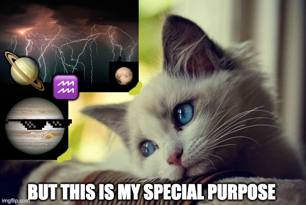 First World Problems Cat Meme | 🪐; ♒; BUT THIS IS MY SPECIAL PURPOSE | image tagged in memes,first world problems cat | made w/ Imgflip meme maker