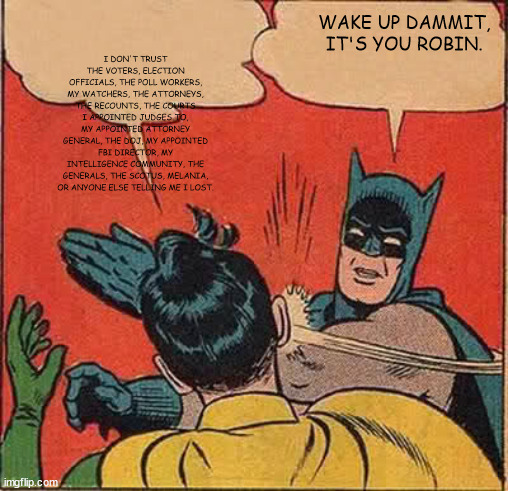 Batman Slapping Robin | I DON'T TRUST THE VOTERS, ELECTION OFFICIALS, THE POLL WORKERS, MY WATCHERS, THE ATTORNEYS, THE RECOUNTS, THE COURTS I APPOINTED JUDGES TO, MY APPOINTED ATTORNEY GENERAL, THE DOJ, MY APPOINTED FBI DIRECTOR, MY INTELLIGENCE COMMUNITY, THE GENERALS, THE SCOTUS, MELANIA, OR ANYONE ELSE TELLING ME I LOST. WAKE UP DAMMIT,  IT'S YOU ROBIN. | image tagged in memes,batman slapping robin | made w/ Imgflip meme maker