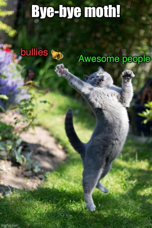 Bully Smackdown | Bye-bye moth! bullies; Awesome people | image tagged in funny memes,funny cat memes,bullies,funny cats | made w/ Imgflip meme maker