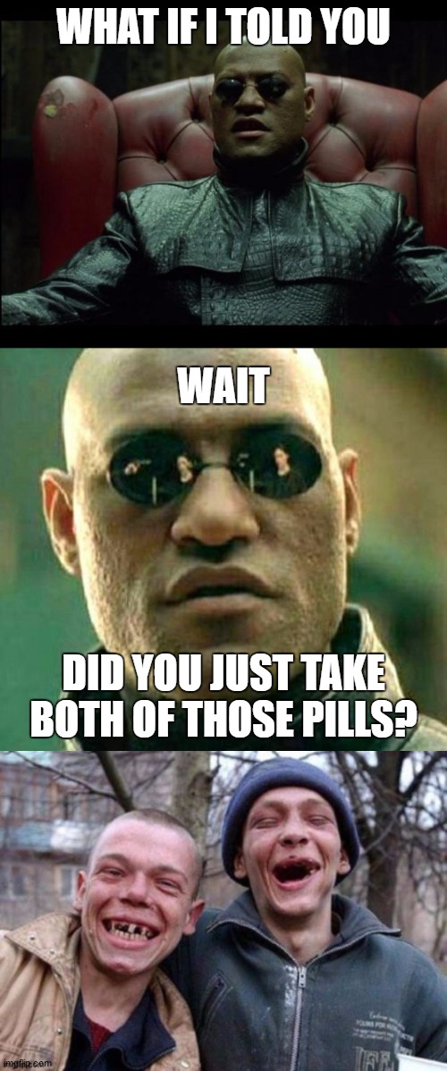 Just when you think you're making progress. | WHAT IF I TOLD YOU; WAIT; DID YOU JUST TAKE BOTH OF THOSE PILLS? | image tagged in what if i told you,random,matrix pills | made w/ Imgflip meme maker