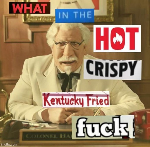 What in the hot crispy Kentucky Fried frick | image tagged in what in the hot crispy kentucky fried frick | made w/ Imgflip meme maker