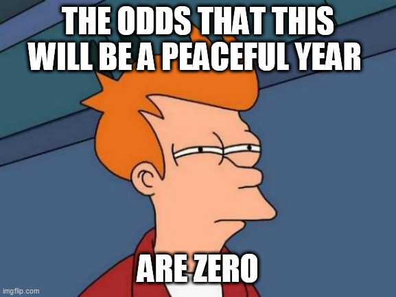 Futurama Fry | THE ODDS THAT THIS WILL BE A PEACEFUL YEAR; ARE ZERO | image tagged in memes,futurama fry | made w/ Imgflip meme maker
