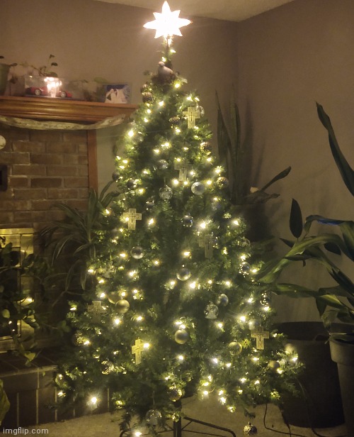 Our Christ-themed Christmas Tree :) (It has little angle ornaments but you can't see them) | image tagged in christmas | made w/ Imgflip meme maker
